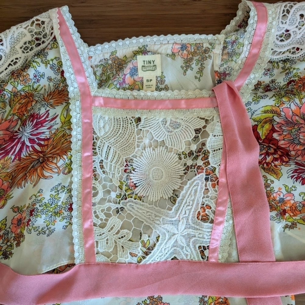 Anthropologie Floral Begonia Blouse Ribbon Small Petite Pink Orange Boho Tiny - Picture 4 of 5